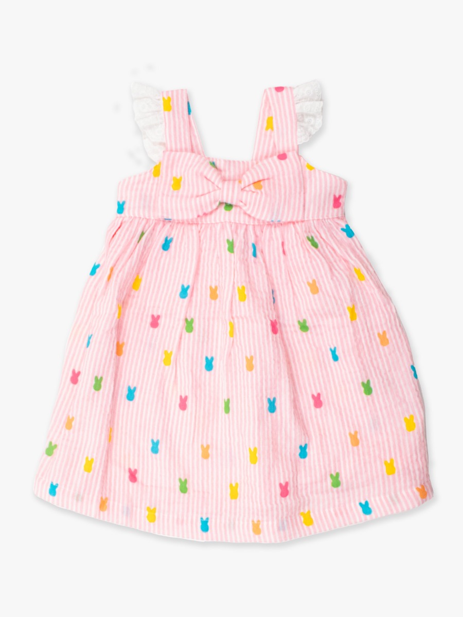 Pink Bunny Stripe Cotton Gauze Flutter Bow Woven Dress