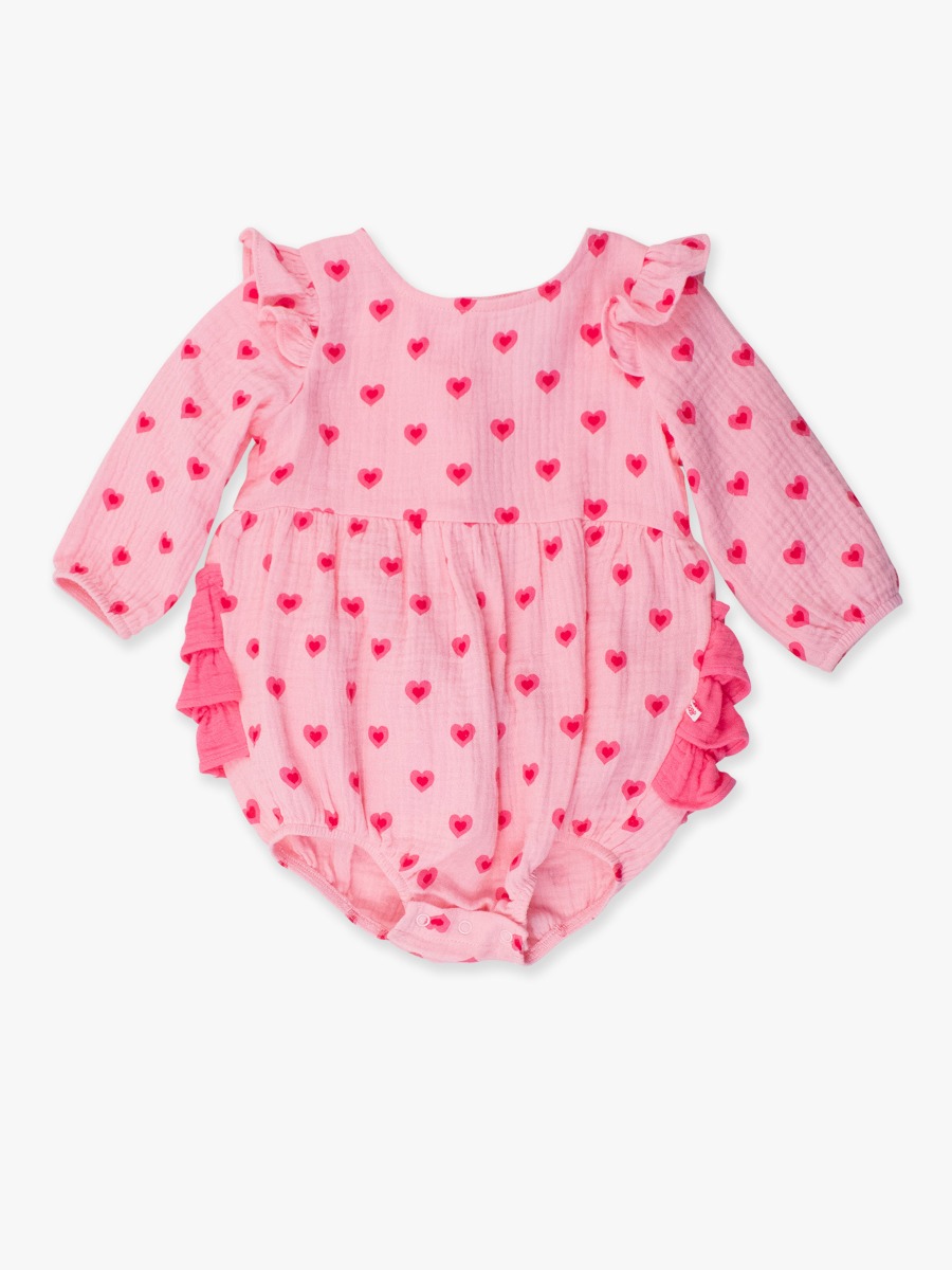 I Heart You Cotton Gauze Long Sleeve Flutter Bubble Romper