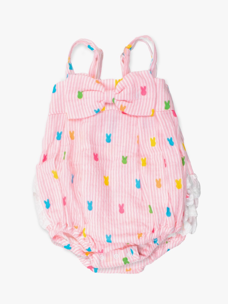 Line drawing of Pink Bunny Stripe Cotton Gauze Bow Front Bubble Woven Romper. A dotted circle indicates the approximate location for personalization.