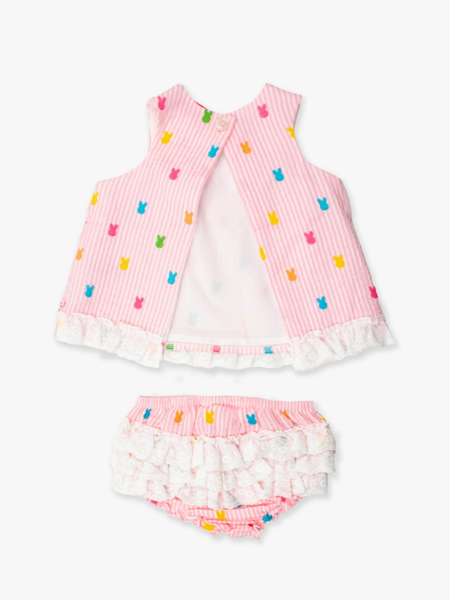Line drawing of Pink Bunny Stripe Cotton Gauze Swing Top and Bloomer Set. A dotted circle indicates the approximate location for personalization.