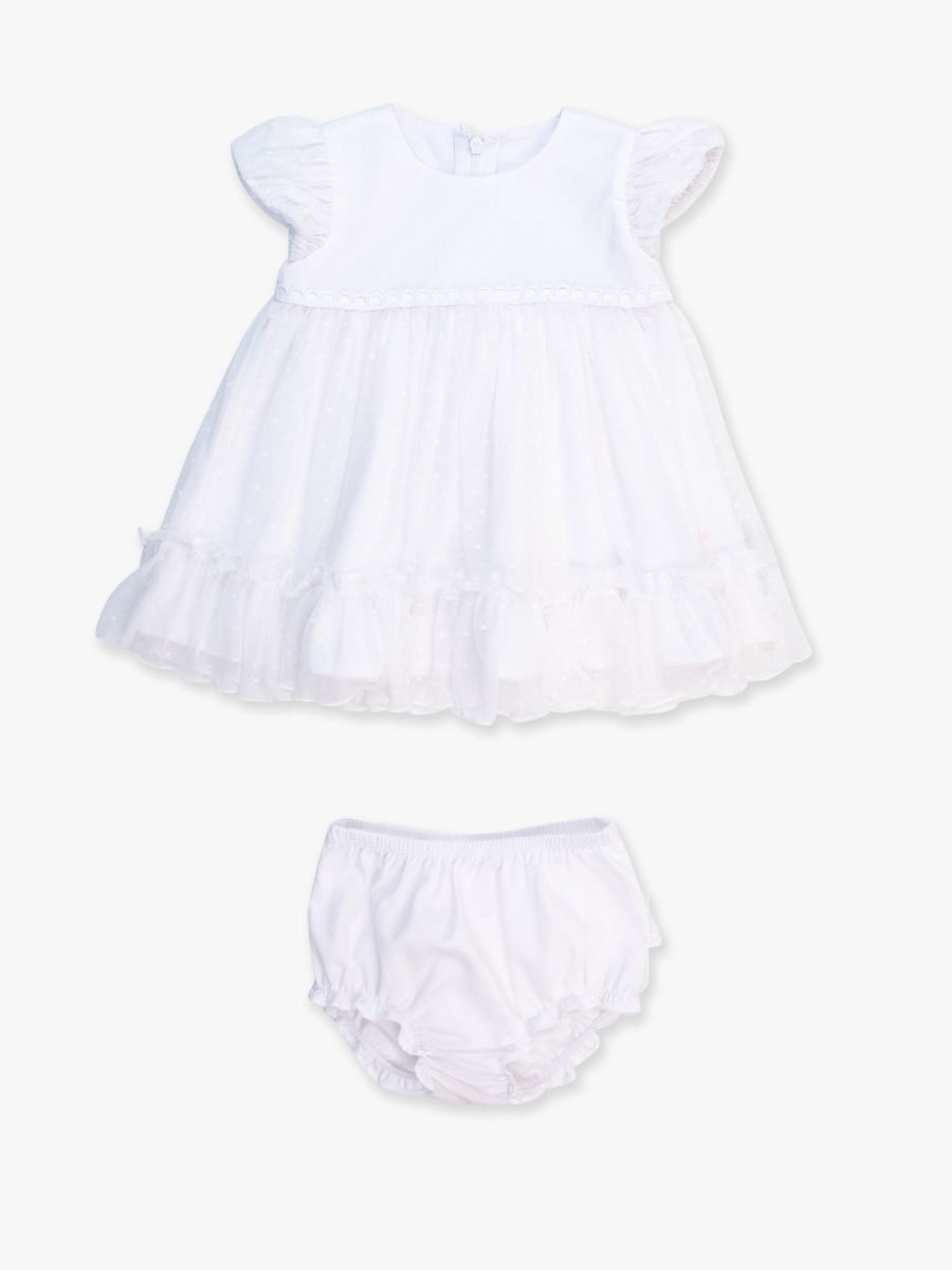 White Dotted Tulle Dress & RuffleButt Bloomer Set
