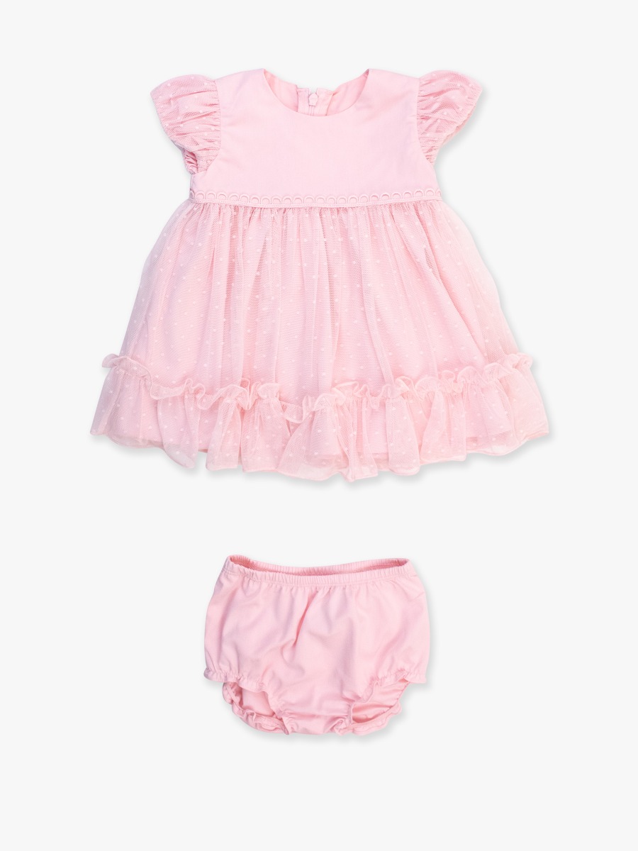 Baby Pink Dotted Tulle Dress & RuffleButt Bloomer Set