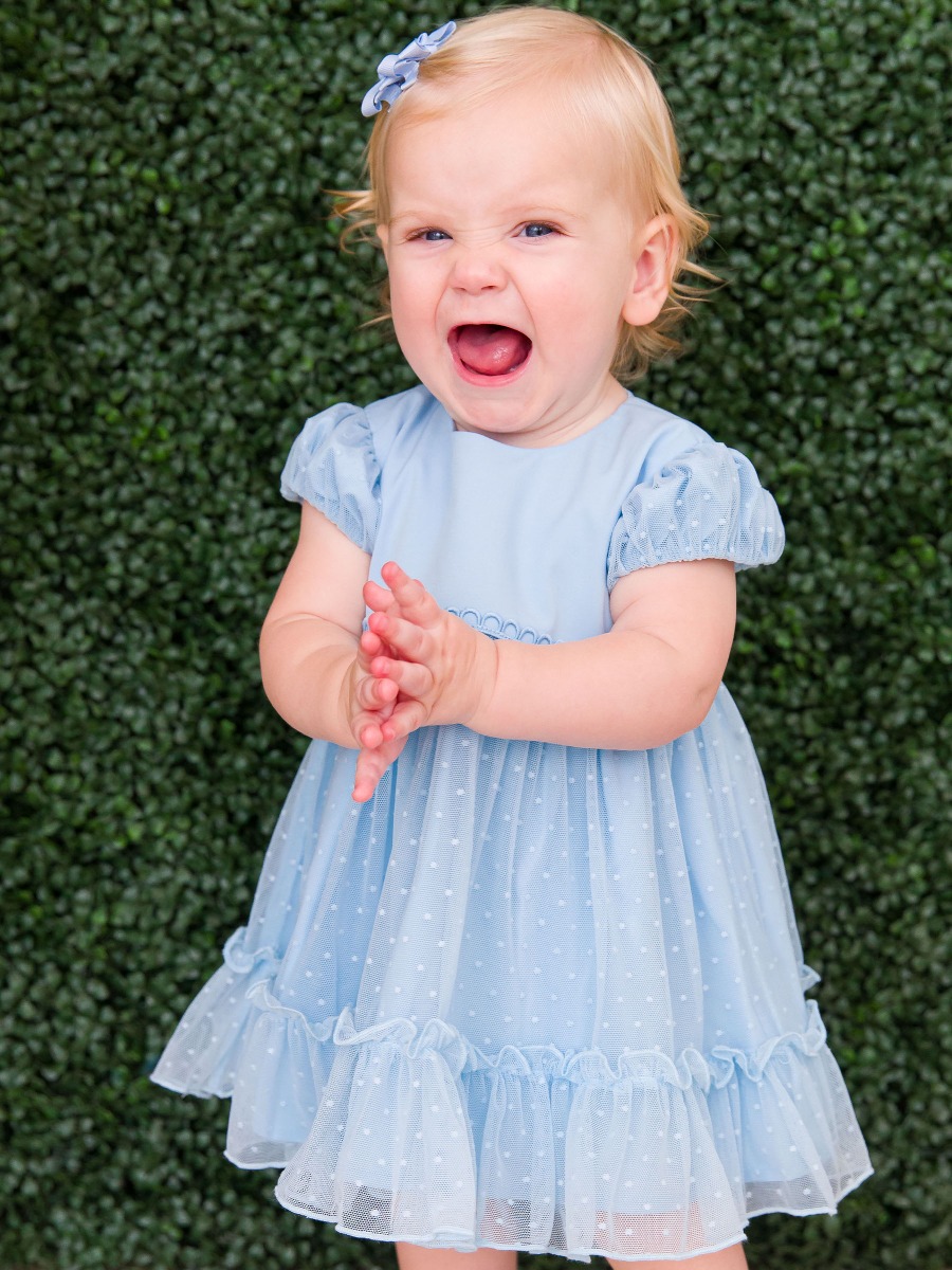 Light Blue Dotted Tulle Dress & RuffleButt Bloomer Set