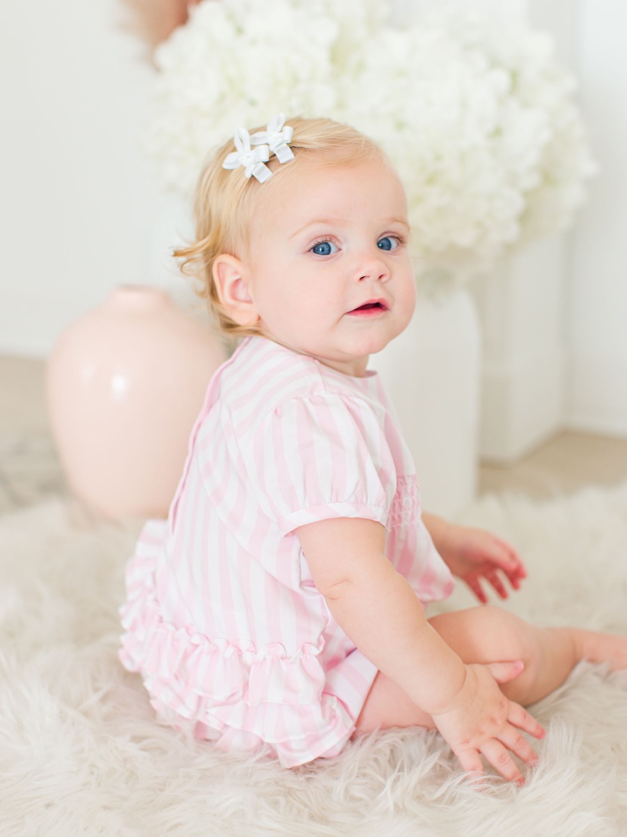Baby Pink Stripe Puff Sleeve Smocked Romper