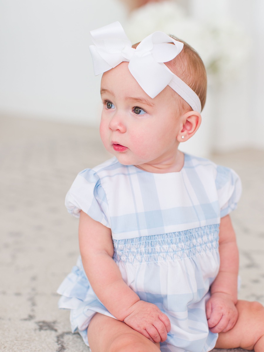 Light Blue Windowpane Puff Sleeve Smocked Romper
