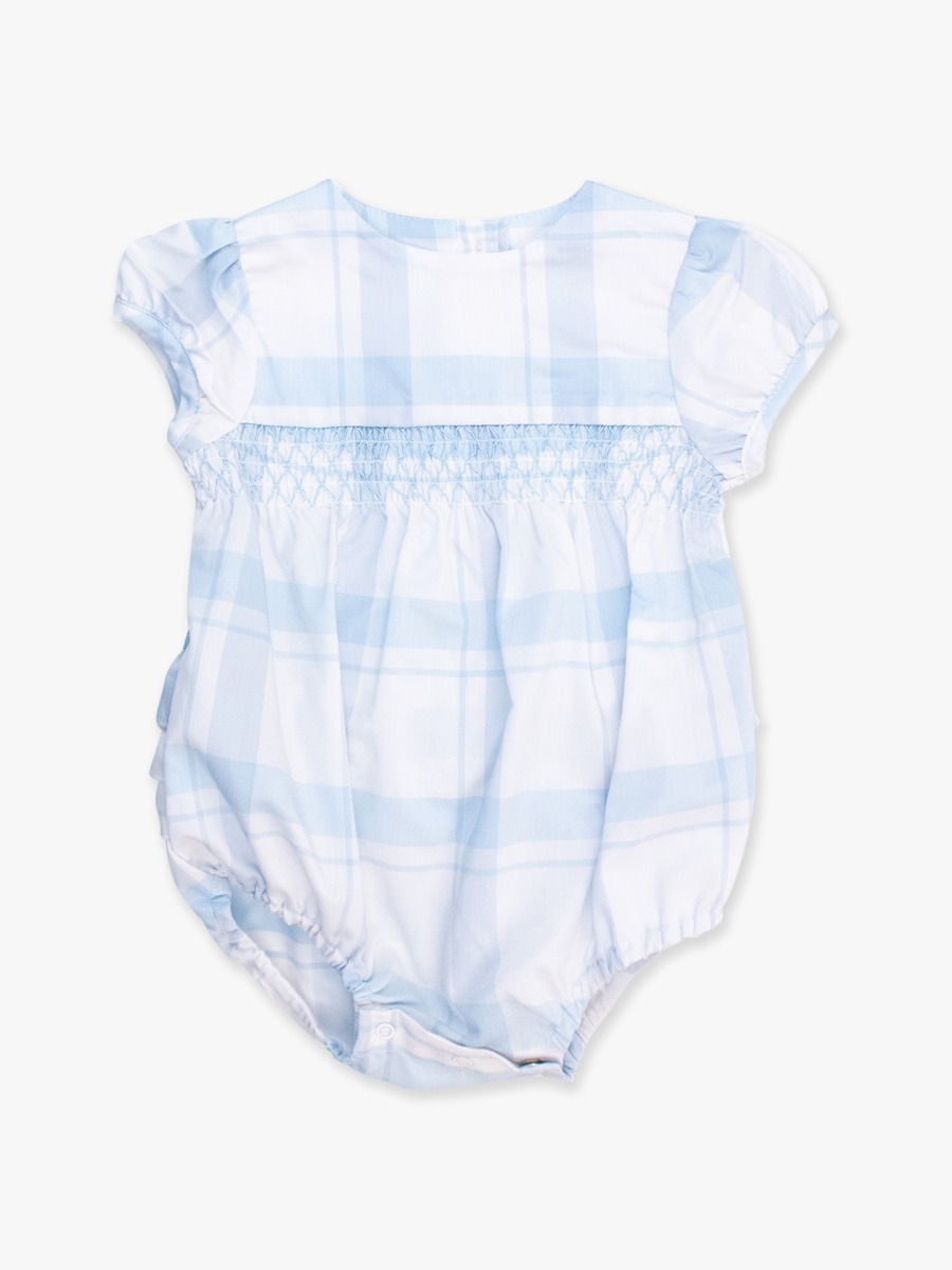 Light Blue Windowpane Puff Sleeve Smocked Romper