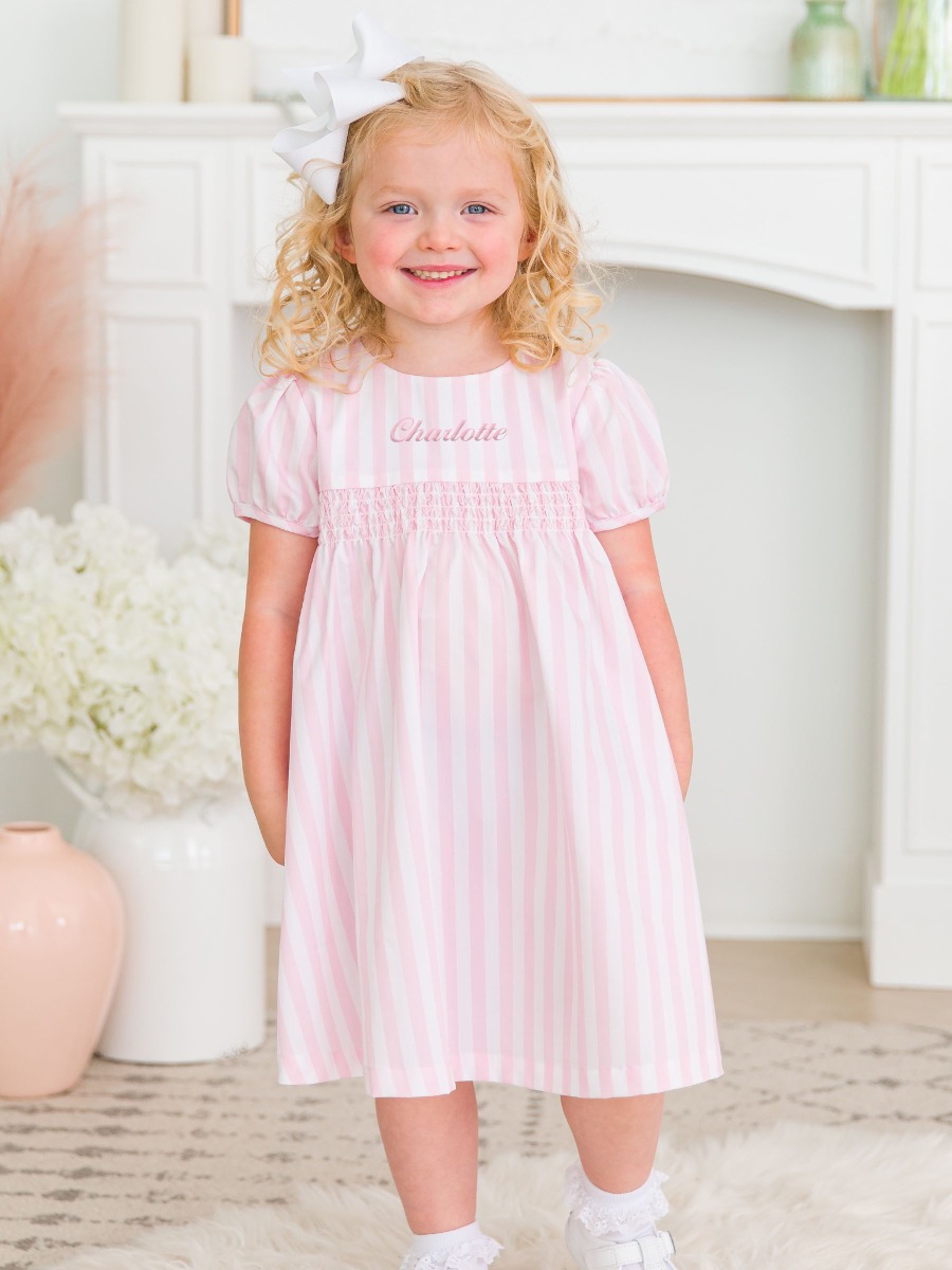 Baby Pink Stripe Puff Sleeve Smocked Dress
