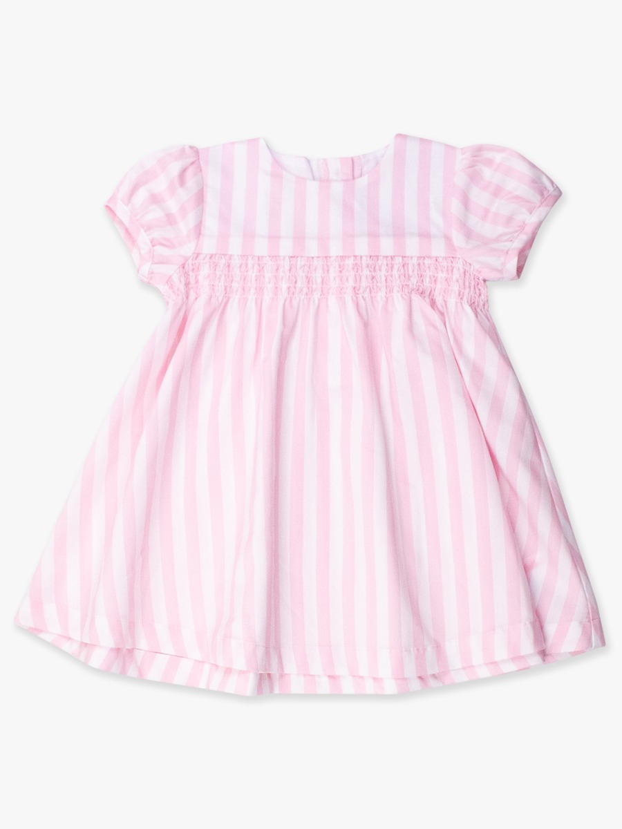 Baby Pink Stripe Puff Sleeve Smocked Dress