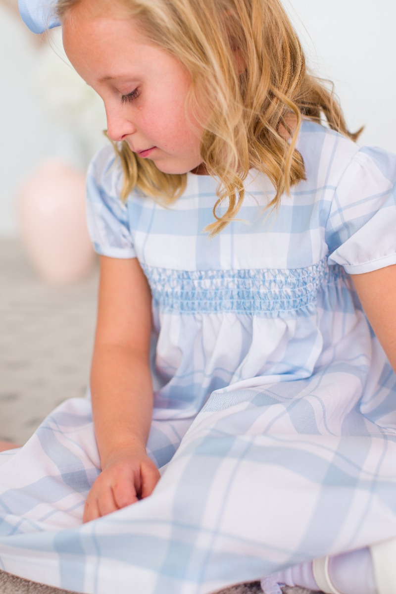 Light Blue Windowpane Puff Sleeve Smocked Dress