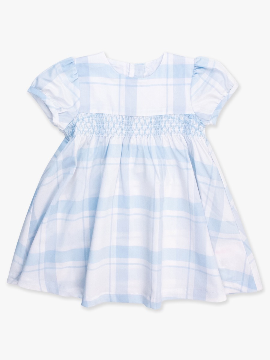 Light Blue Windowpane Puff Sleeve Smocked Dress