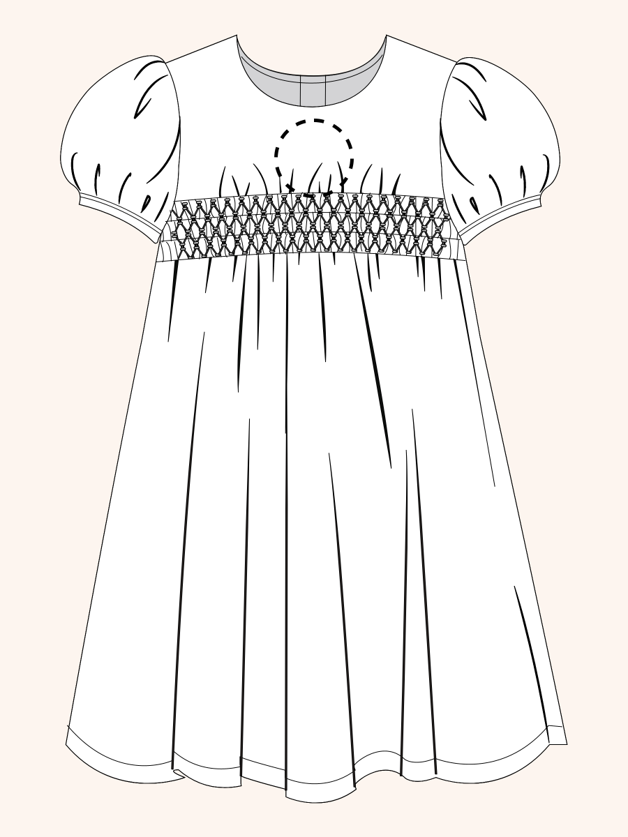 Line drawing of a swimsuit. A dotted circle is placed on the front center of the swimsuit's chest area, indicating the approximate location for personalization.