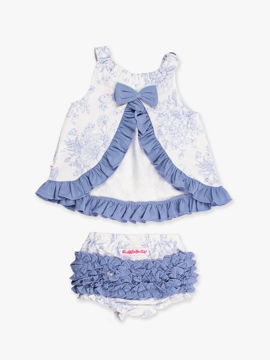 Periwinkle Blue Butterfly Garden Toile Knit Swing Top and Bloomer Set
