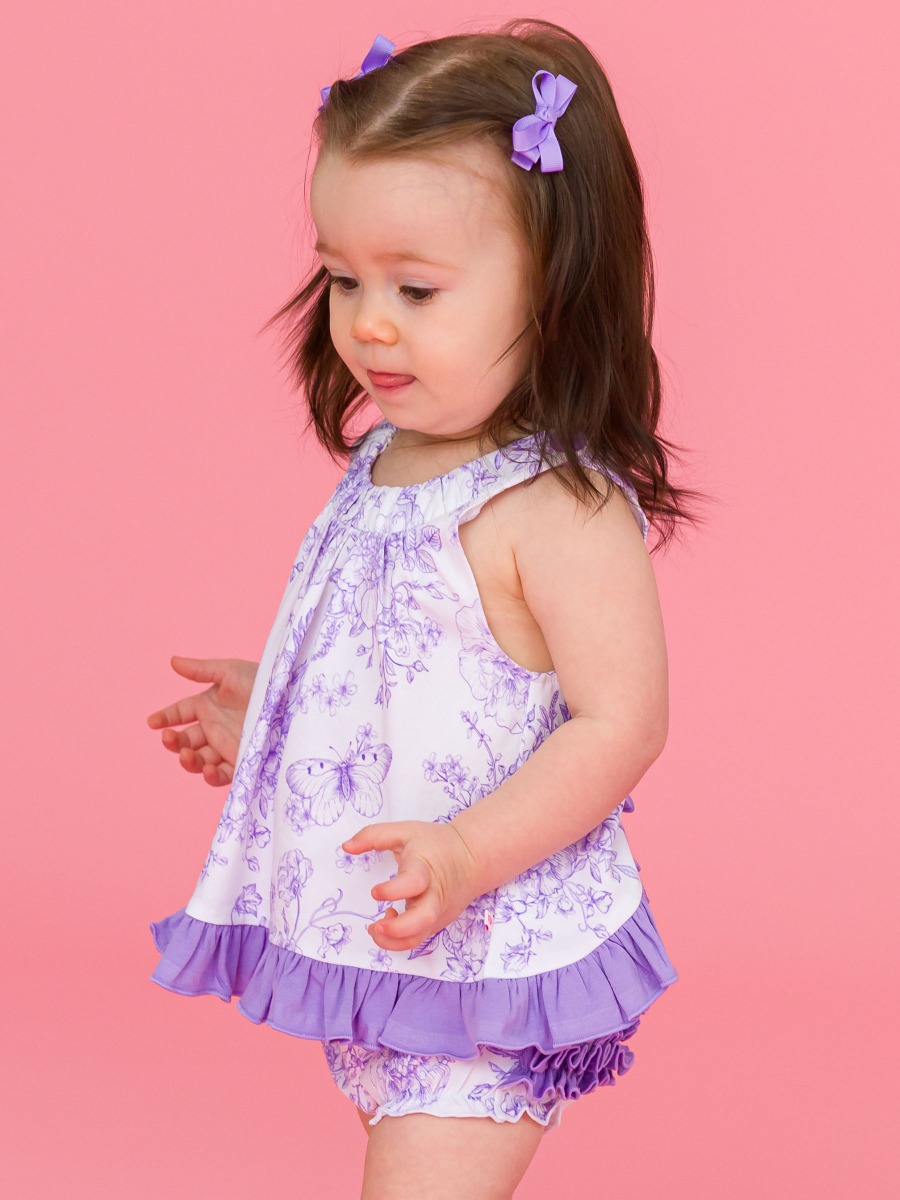 Wisteria Purple Butterfly Garden Toile Knit Swing Top and Bloomer Set