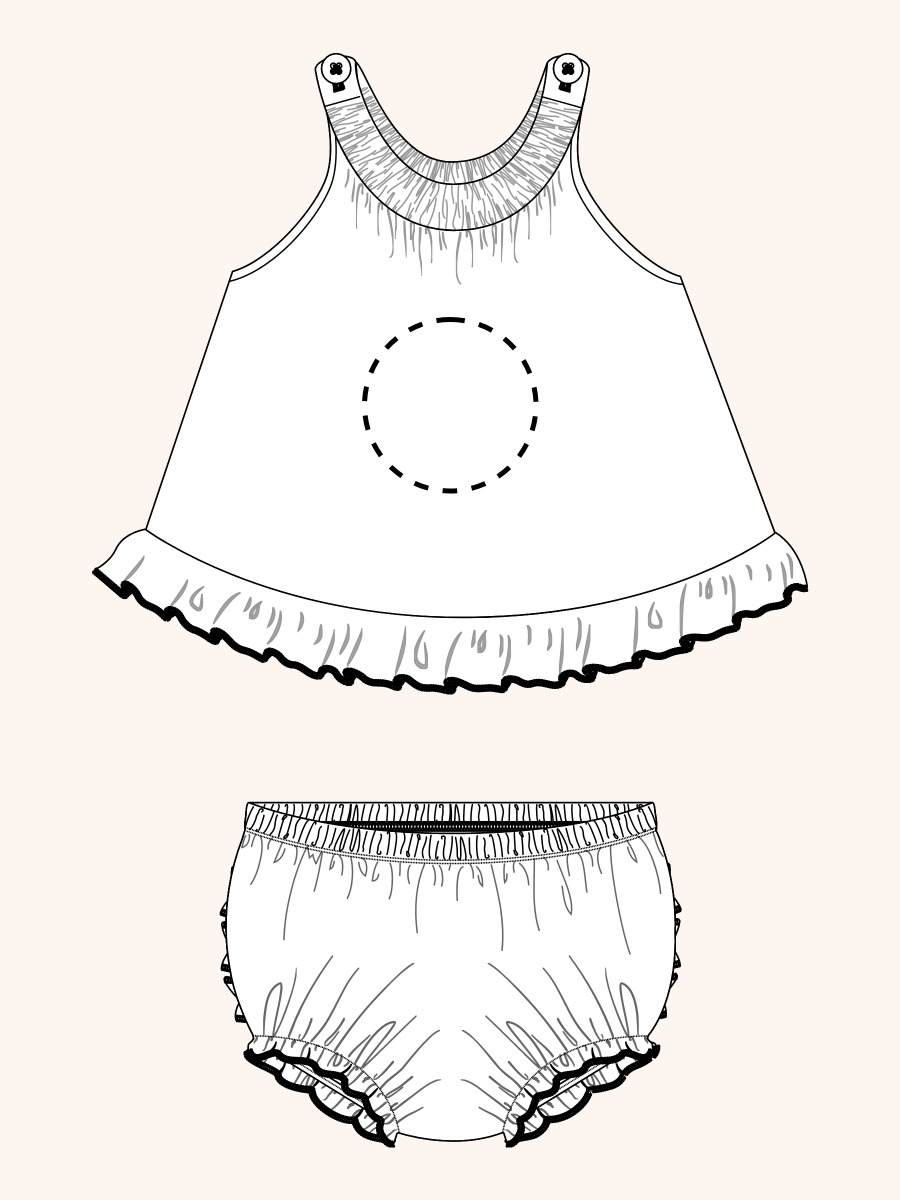 Line drawing of Sage Blossom Camo Knit Swing Top and Bloomer Set. A dotted circle indicates the approximate location for personalization.