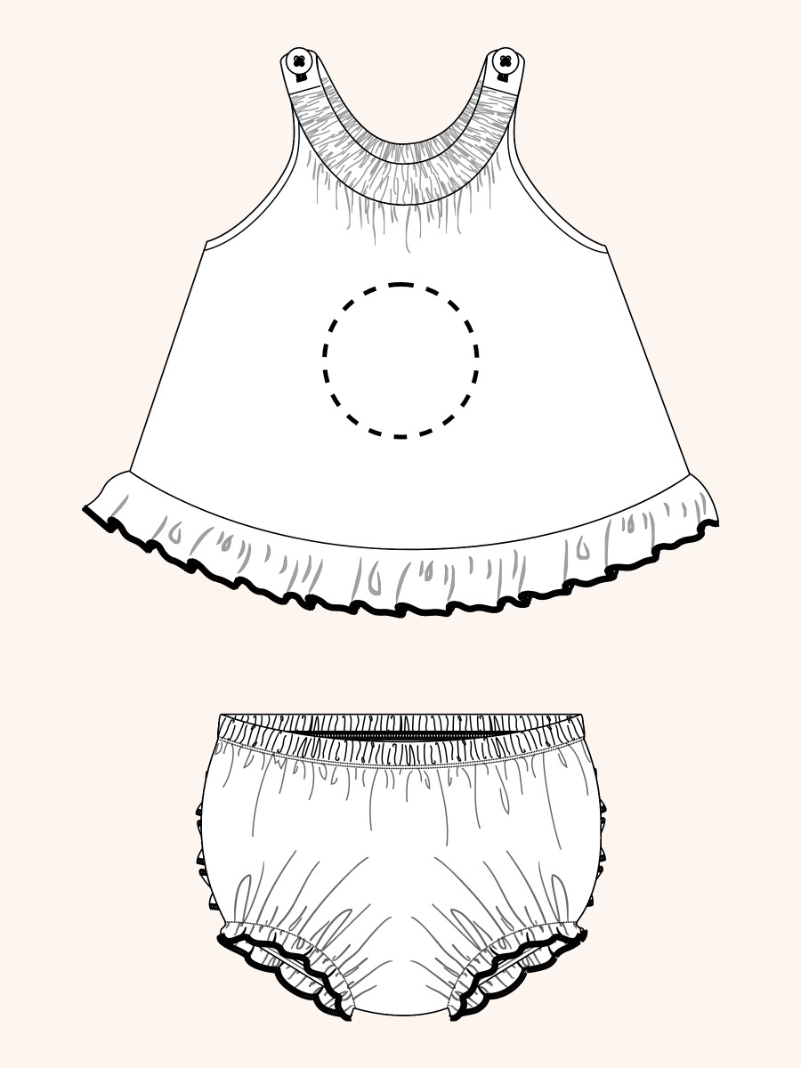 Line drawing of Banana Floral Care Bears Knit Swing Top and Bloomer Set. A dotted circle indicates the approximate location for personalization.