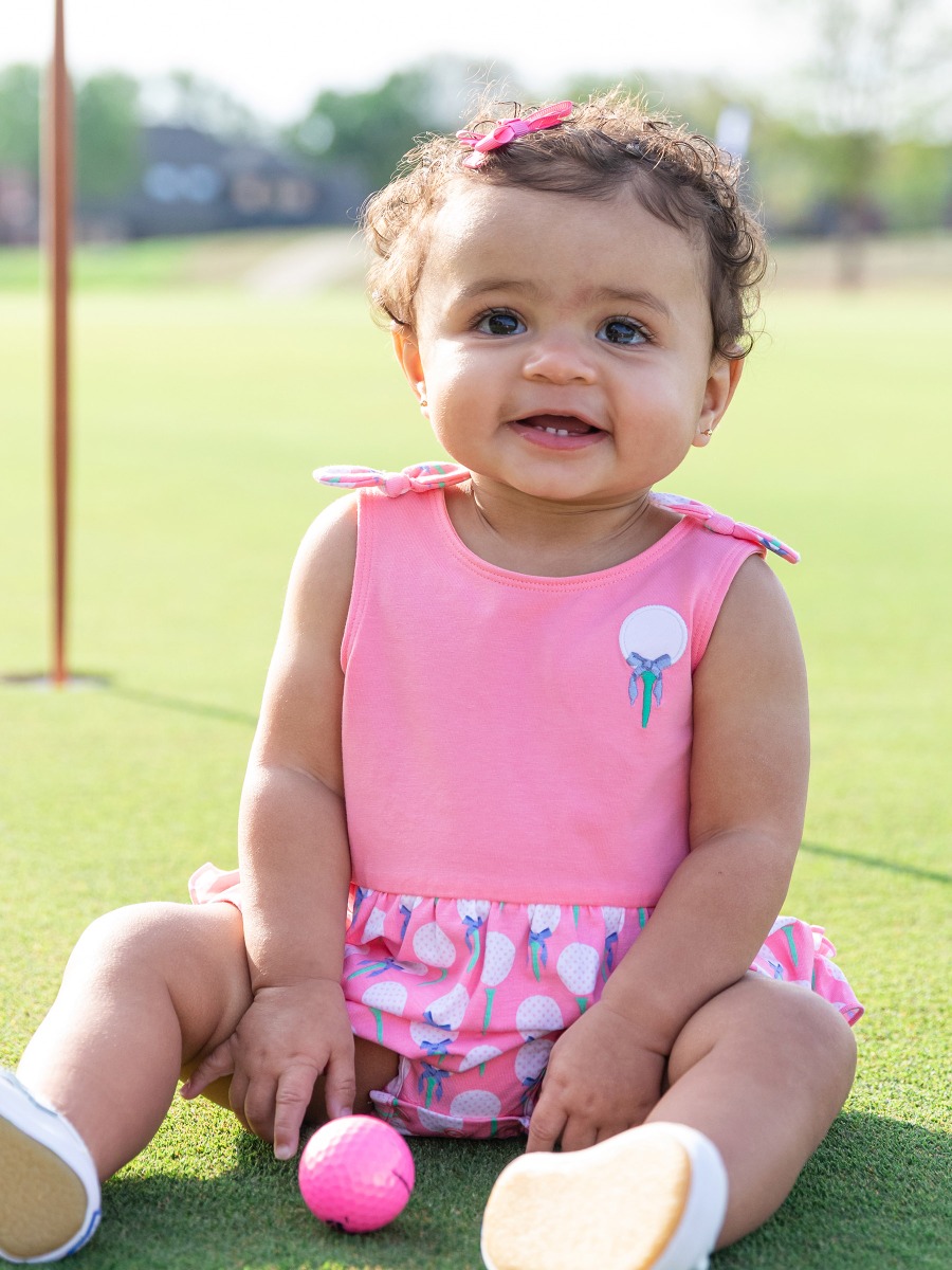 Pink Tee Time Knit Tie Shoulder Bubble Romper