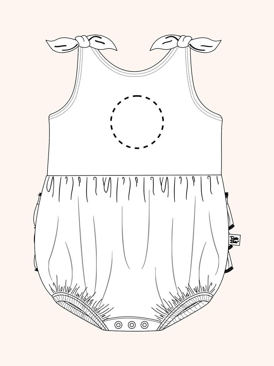 Line drawing of Stars & Scoops Knit Tie Shoulder Bubble Romper. A dotted circle indicates the approximate location for personalization.