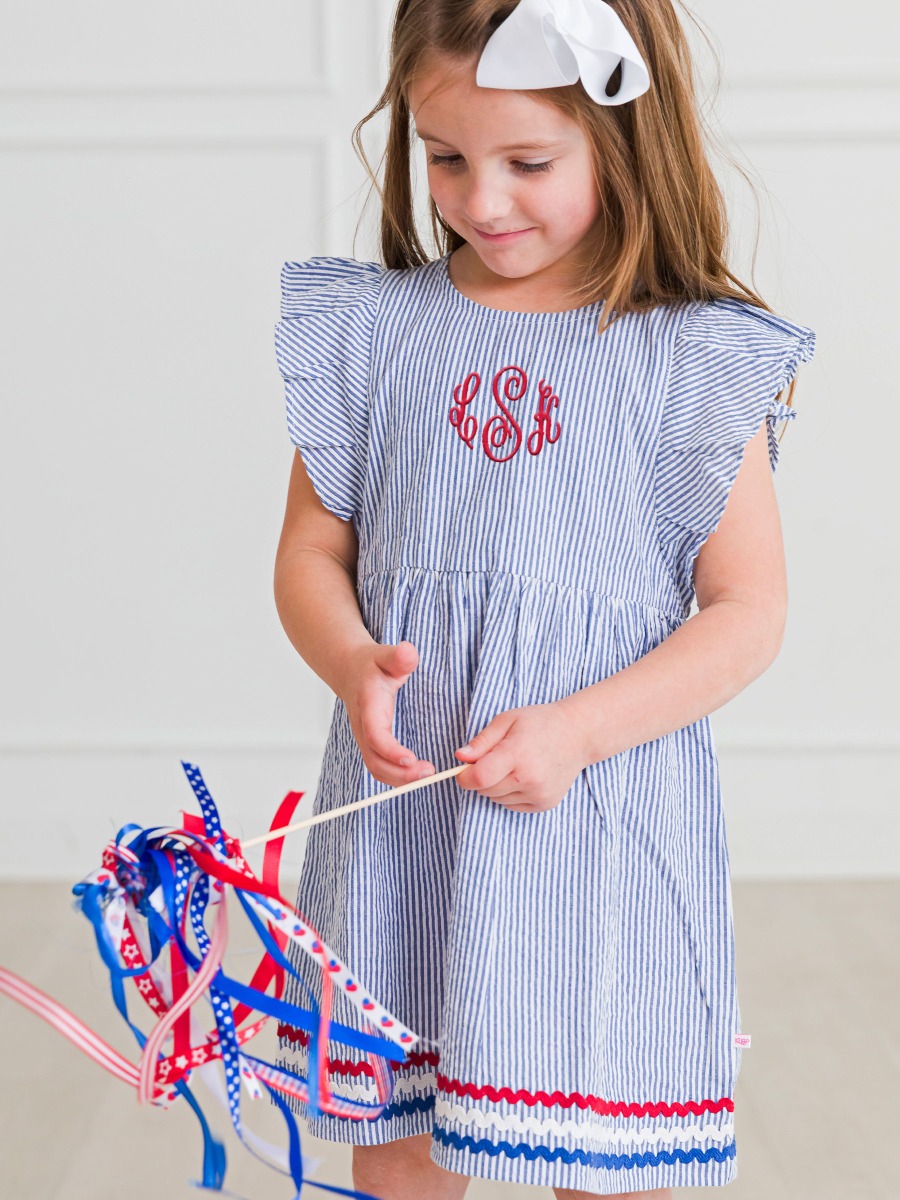 Classic Blue Seersucker Woven Butterfly Sleeve Bow Dress
