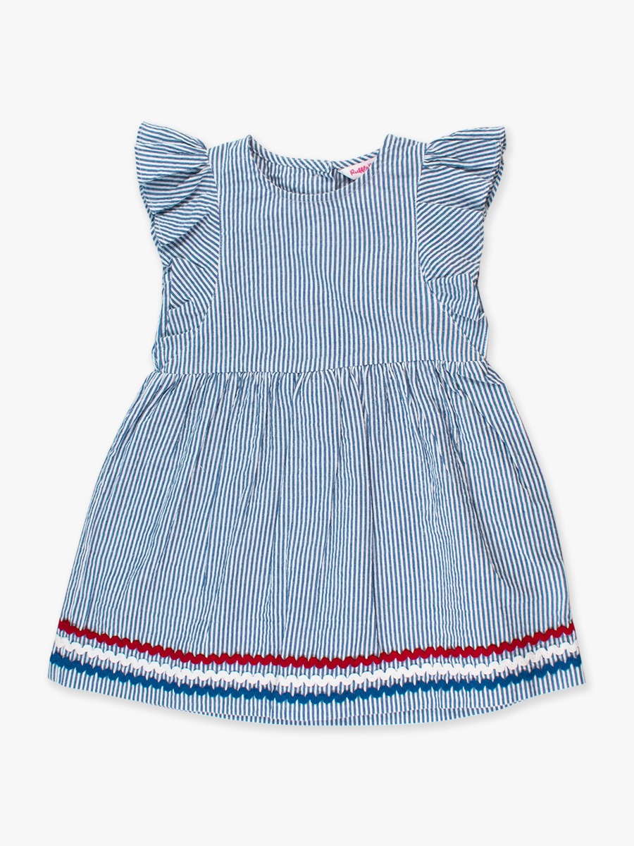 Classic Blue Seersucker Woven Butterfly Sleeve Bow Dress
