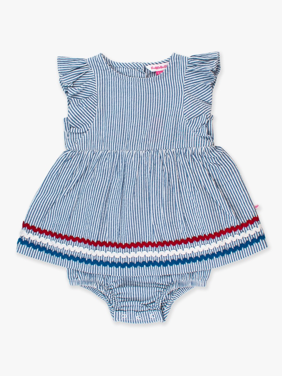 Classic Blue Seersucker Woven Butterfly Sleeve Bow Skirted Romper