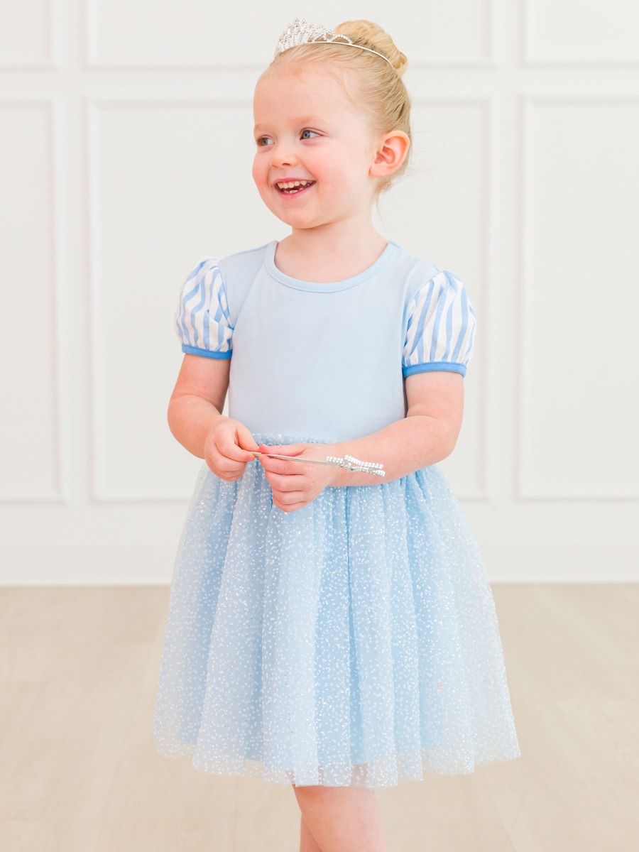 Crystal Blue Princess Short Sleeve Princess Bow Twirl Dress