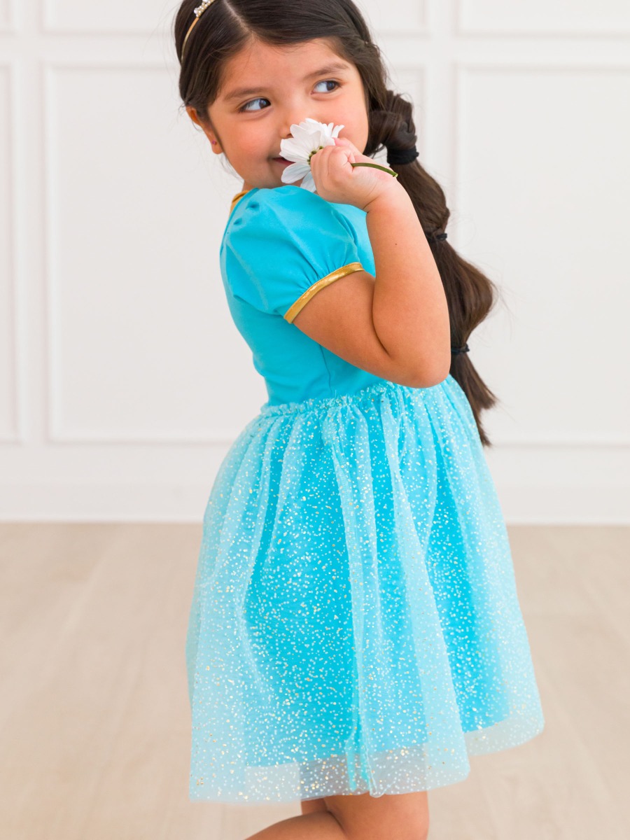 Teal Golden Princess Short Sleeve Princess Bow Twirl Dress