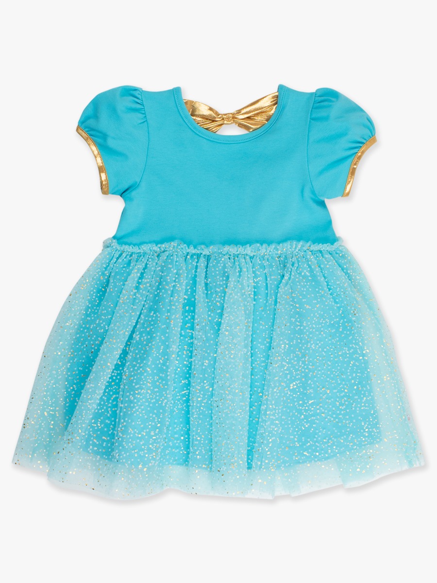 Teal Golden Princess Short Sleeve Princess Bow Twirl Dress