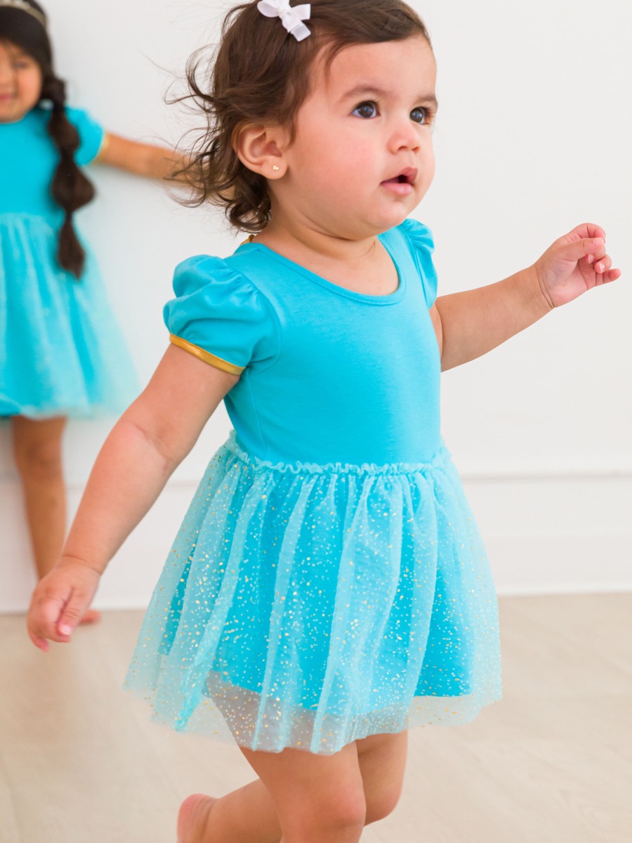 Teal Golden Princess Short Sleeve Princess Bow Twirl Romper