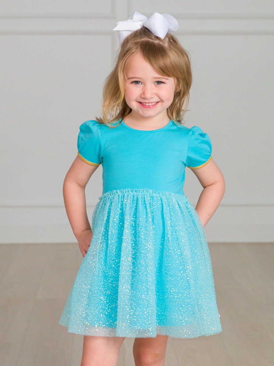 Teal Golden Princess Short Sleeve Princess Bow Twirl Romper
