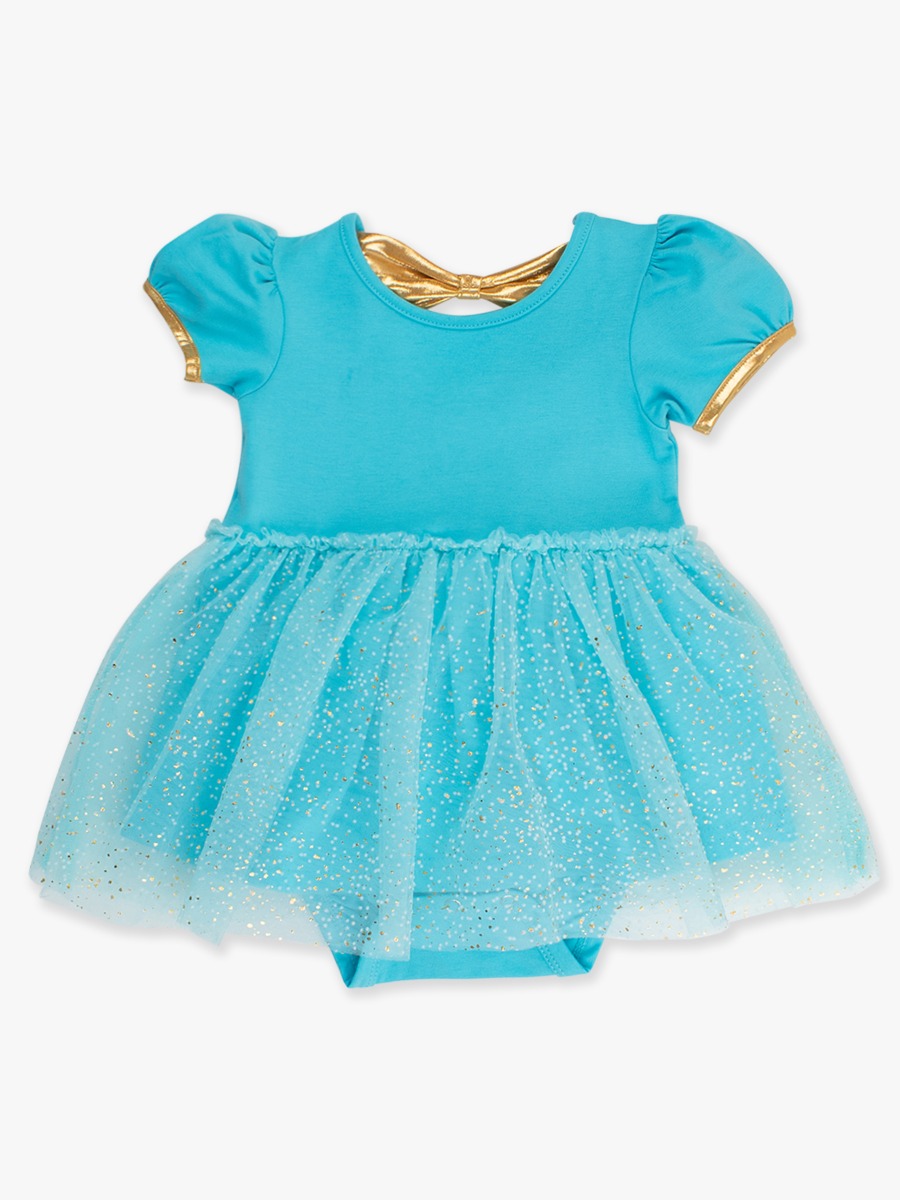Teal Golden Princess Short Sleeve Princess Bow Twirl Romper