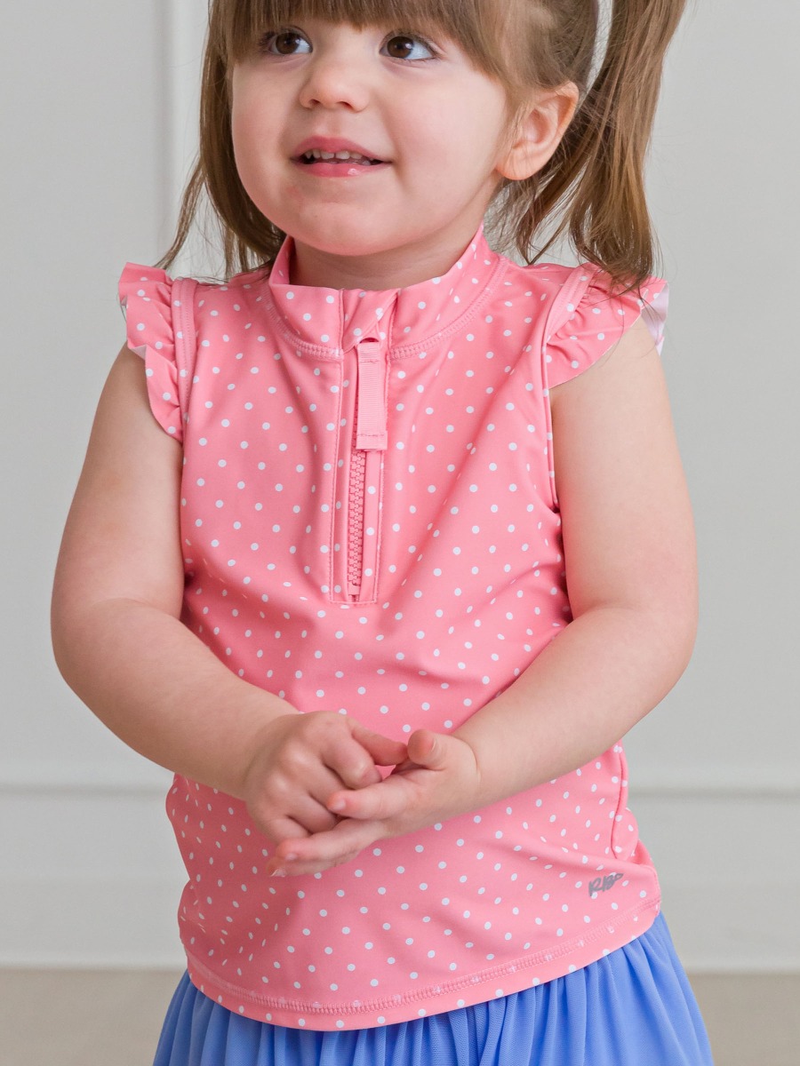 Bubblegum Pink Micro Dot Sleeveless Zip Ruffle Sleeve Active Top