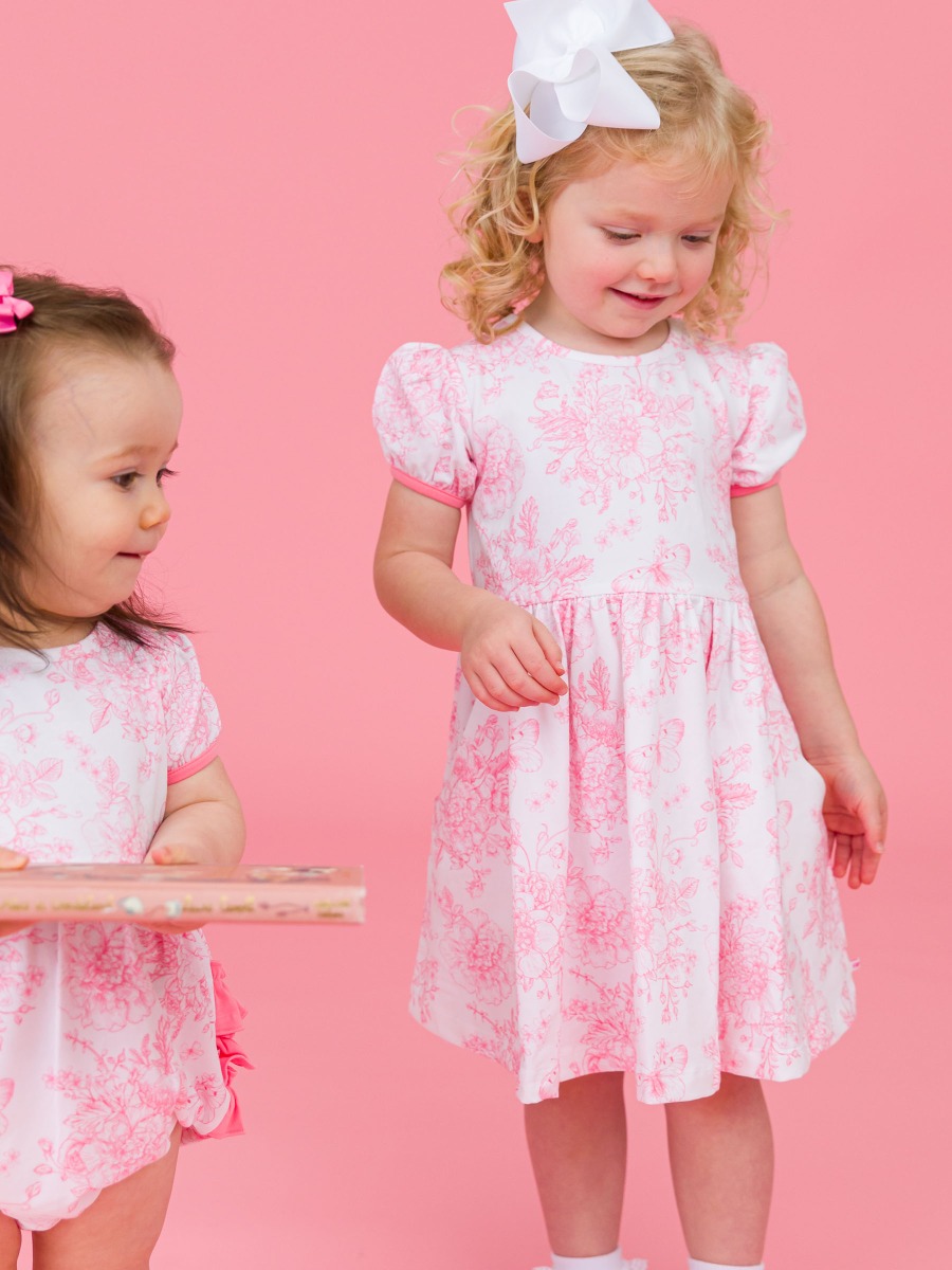 Bubblegum Pink Butterfly Garden Toile Puff Short Sleeve Bow Twirl Dress
