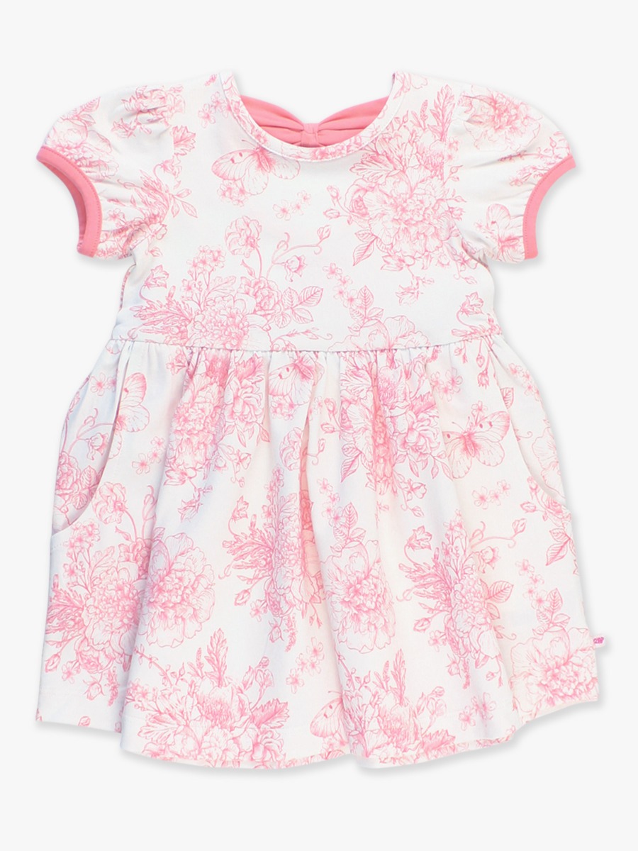 Bubblegum Pink Butterfly Garden Toile Puff Short Sleeve Bow Twirl Dress