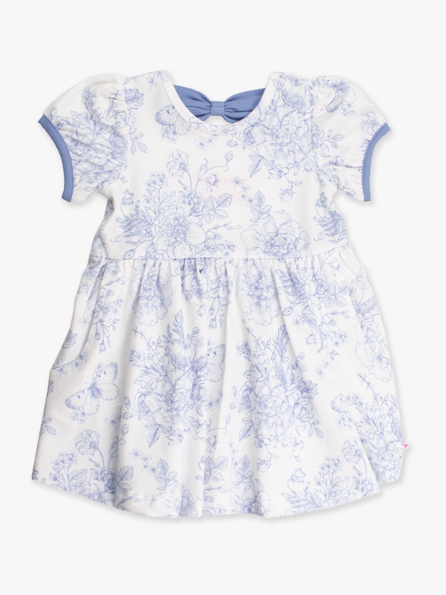 Periwinkle Blue Butterfly Garden Toile Puff Short Sleeve Bow Twirl Dress
