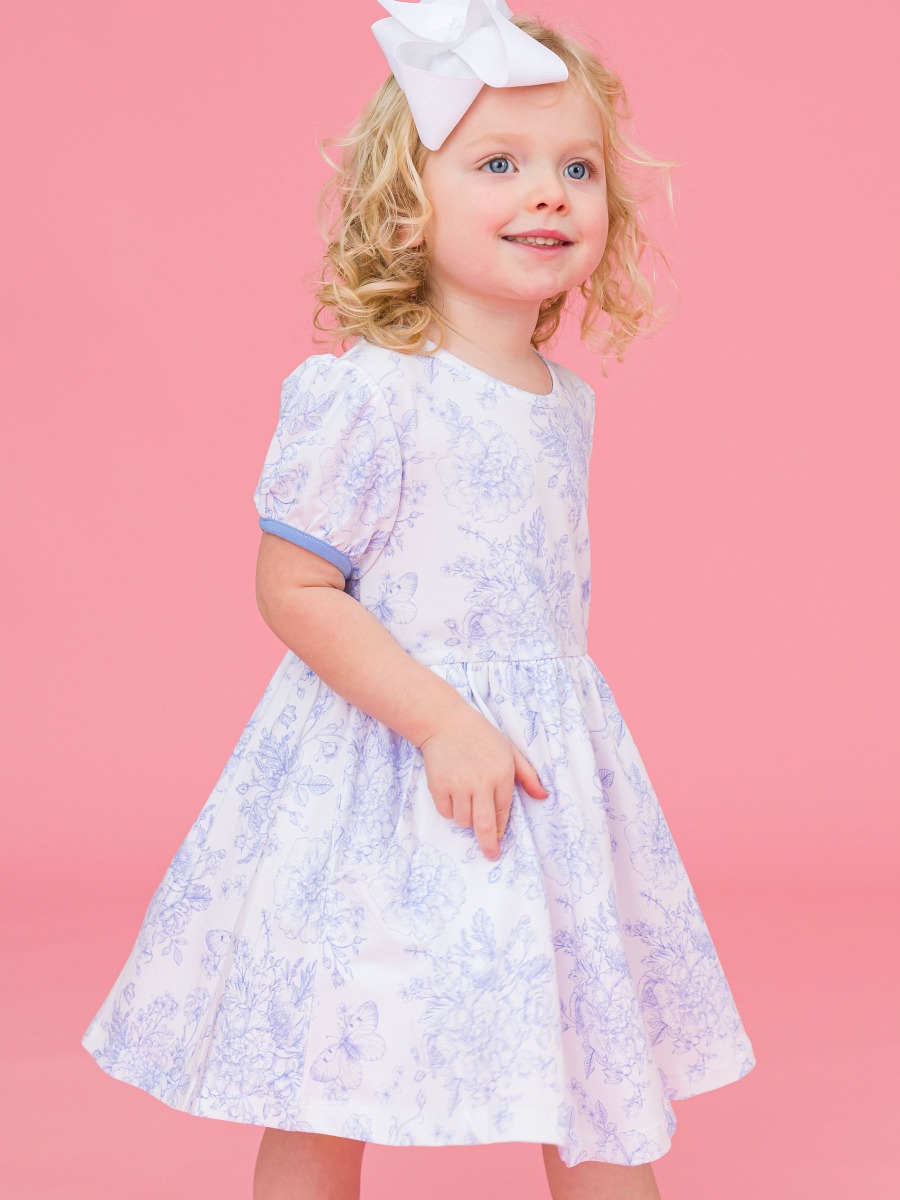 Periwinkle Blue Butterfly Garden Toile Puff Short Sleeve Bow Twirl Dress