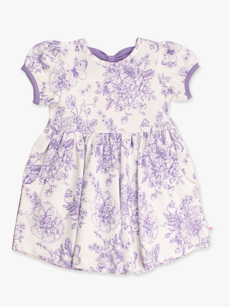 Wisteria Purple Butterfly Garden Toile Puff Short Sleeve Bow Twirl Dress