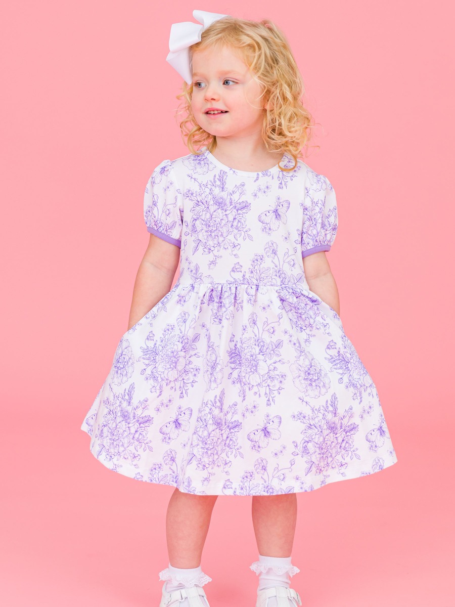 Wisteria Purple Butterfly Garden Toile Puff Short Sleeve Bow Twirl Dress