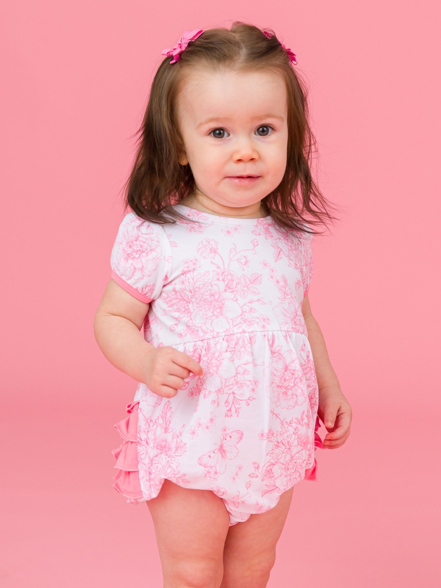 Bubblegum Pink Butterfly Garden Toile Puff Short Sleeve Bow Bubble Romper