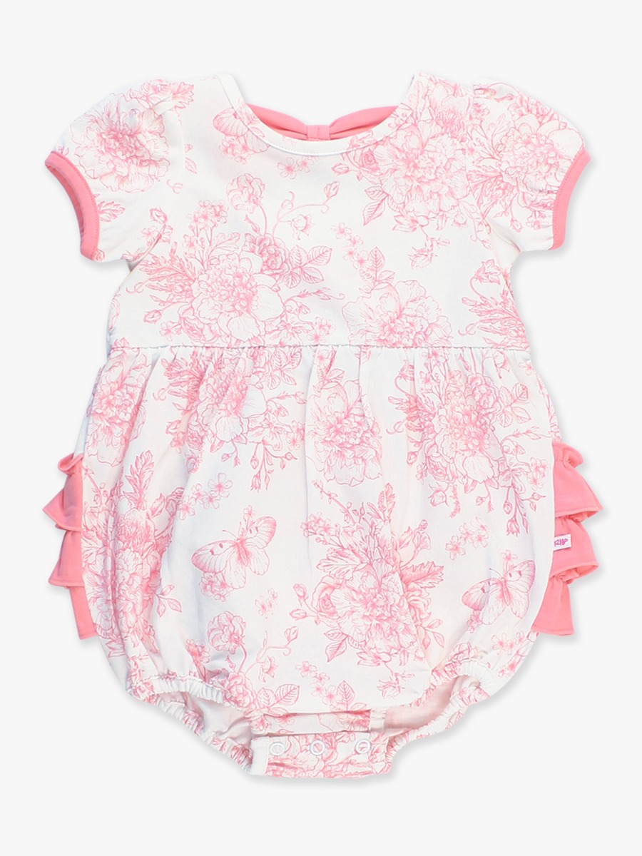 Bubblegum Pink Butterfly Garden Toile Puff Short Sleeve Bow Bubble Romper