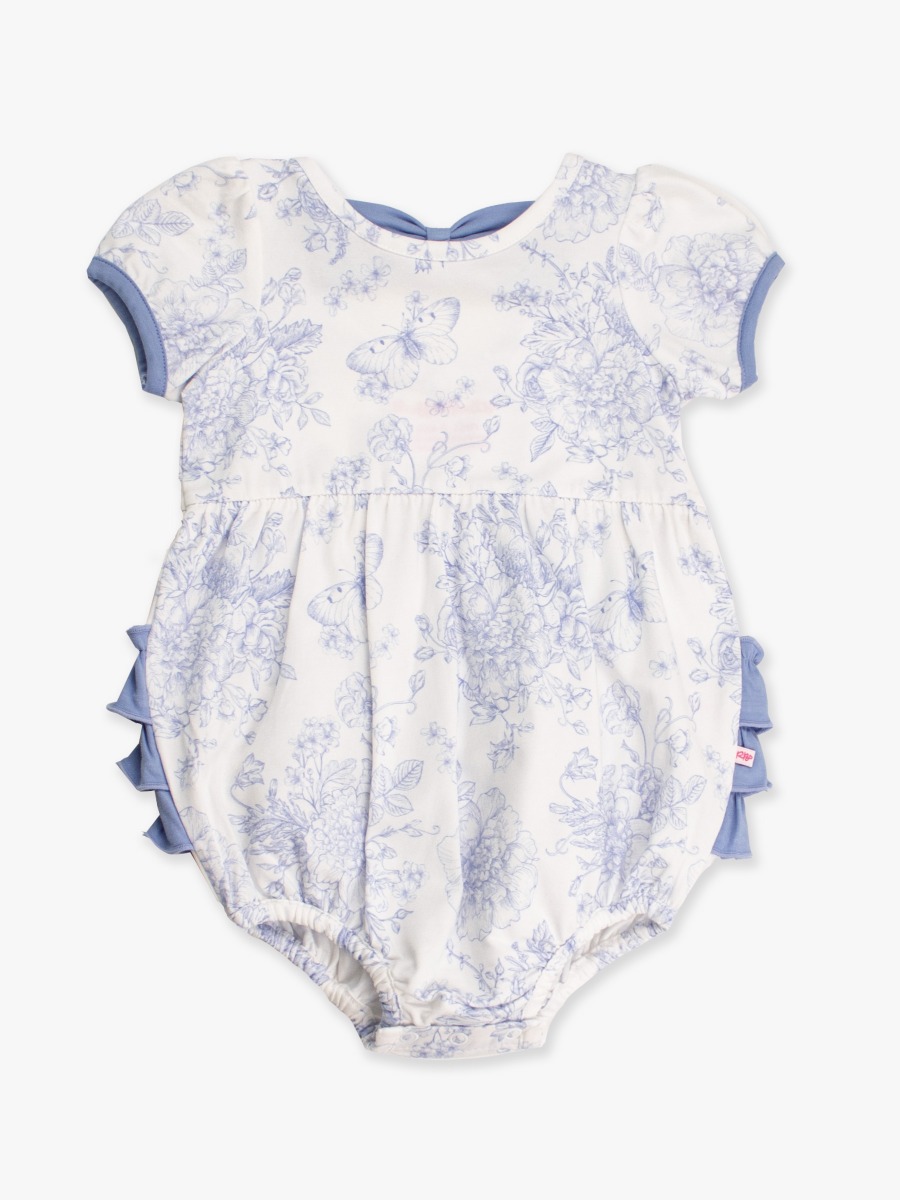 Periwinkle Blue Butterfly Garden Toile Puff Short Sleeve Bow Bubble Romper