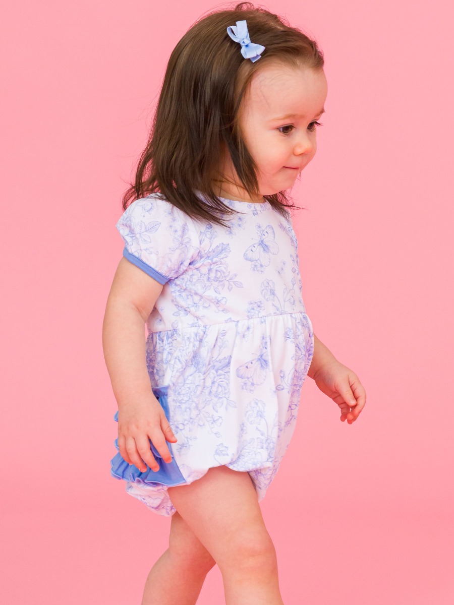 Periwinkle Blue Butterfly Garden Toile Puff Short Sleeve Bow Bubble Romper