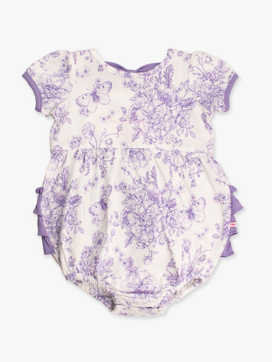Wisteria Purple Butterfly Garden Toile Puff Short Sleeve Bow Bubble Romper