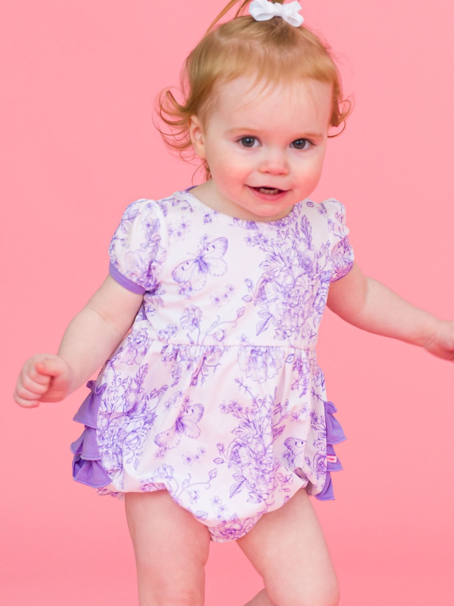 Wisteria Purple Butterfly Garden Toile Puff Short Sleeve Bow Bubble Romper