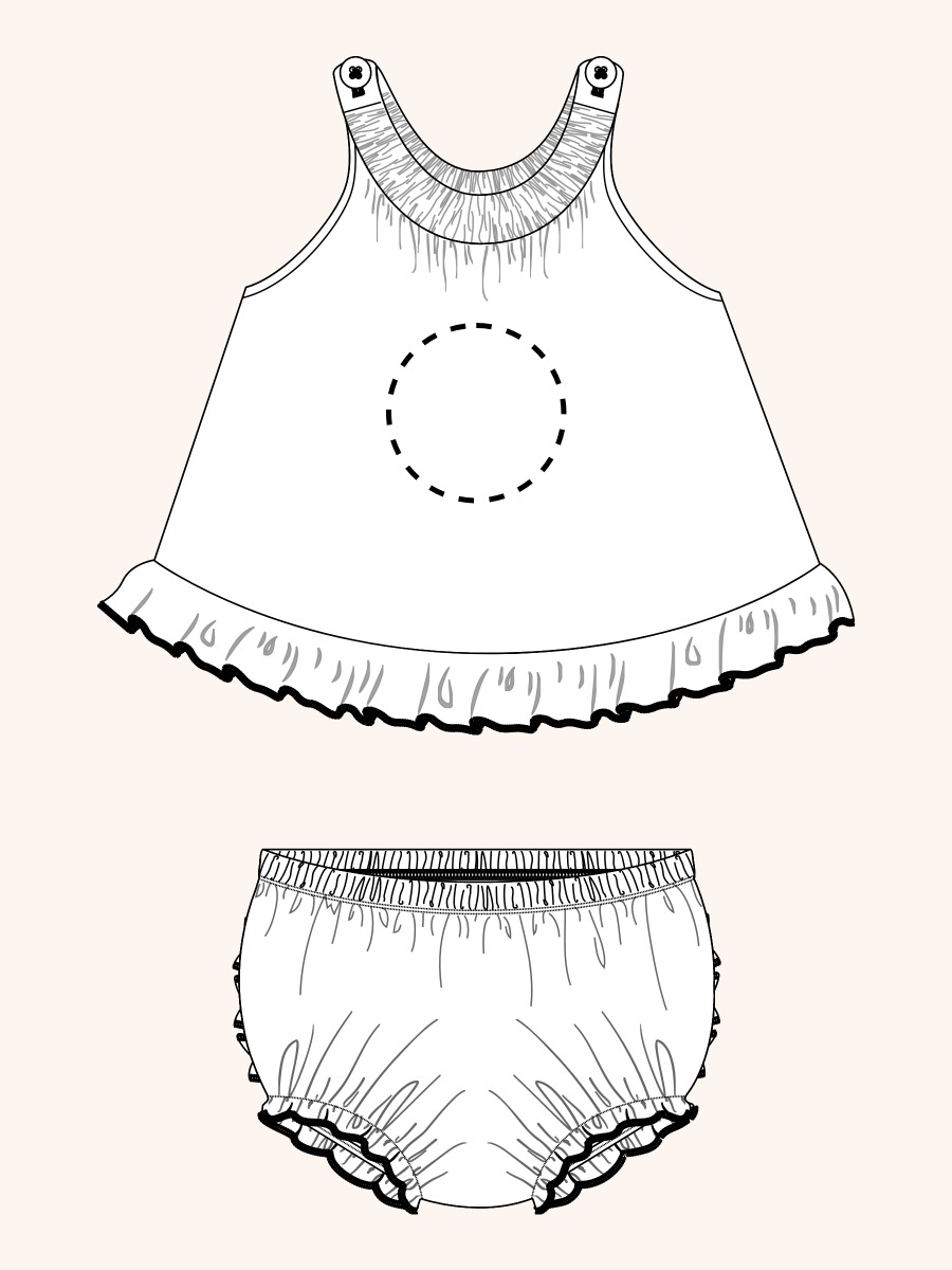 Line drawing of a swimsuit. A dotted circle is placed on the front center of the swimsuit's chest area, indicating the approximate location for personalization.
