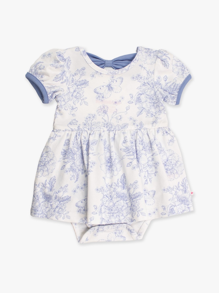 Periwinkle Blue Butterfly Garden Toile Short Sleeve Bow Twirl Romper