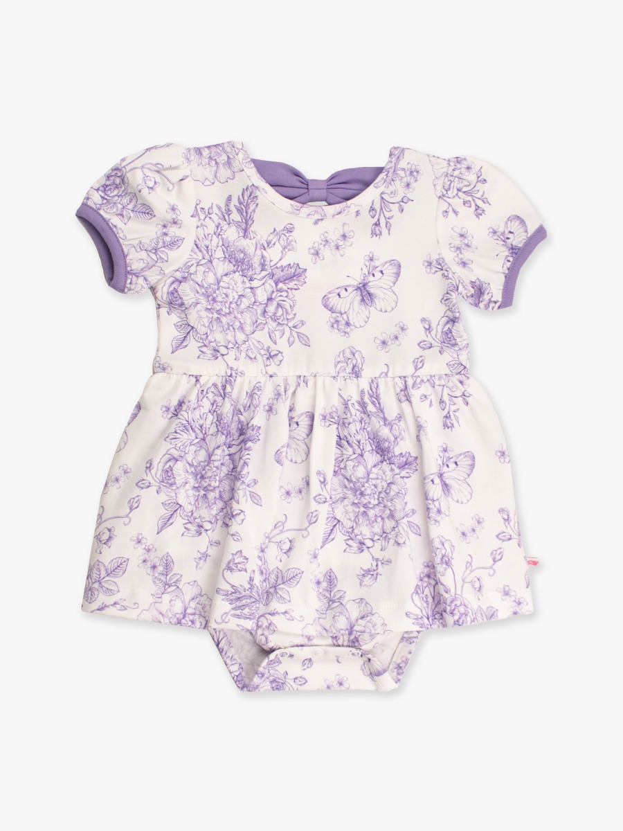 Wisteria Purple Butterfly Garden Toile Short Sleeve Bow Twirl Romper