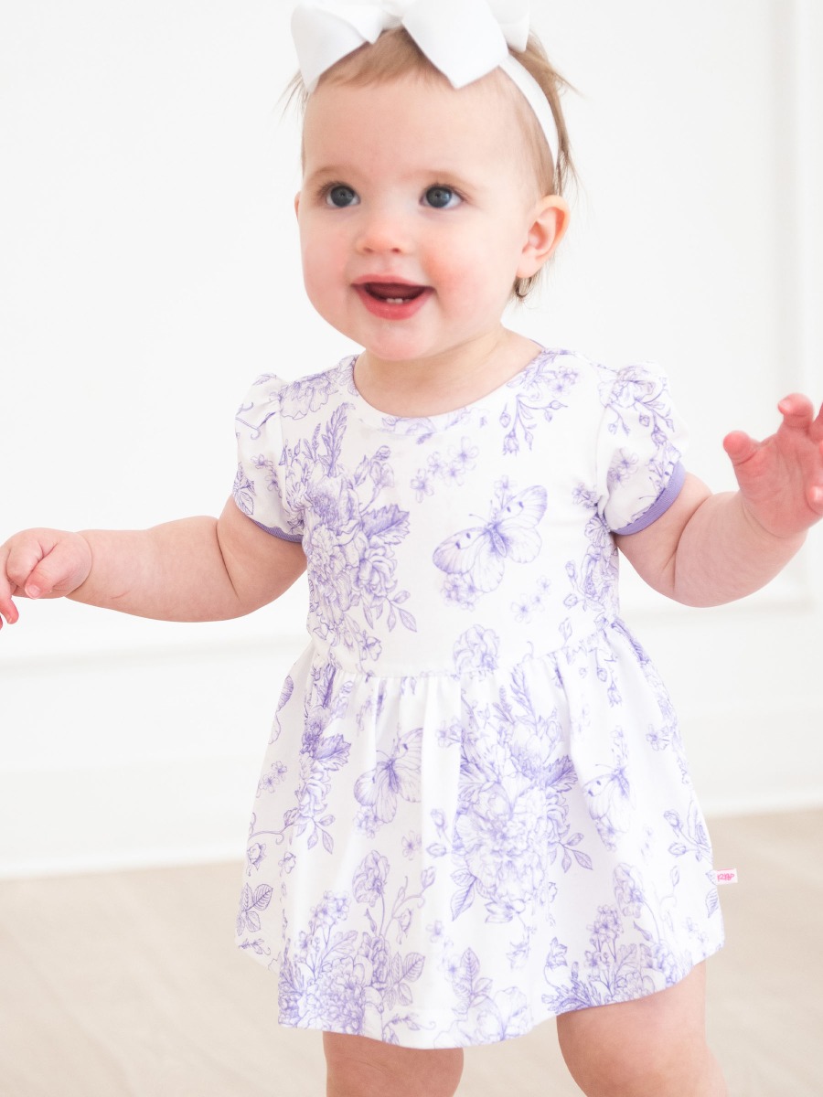 Wisteria Purple Butterfly Garden Toile Short Sleeve Bow Twirl Romper