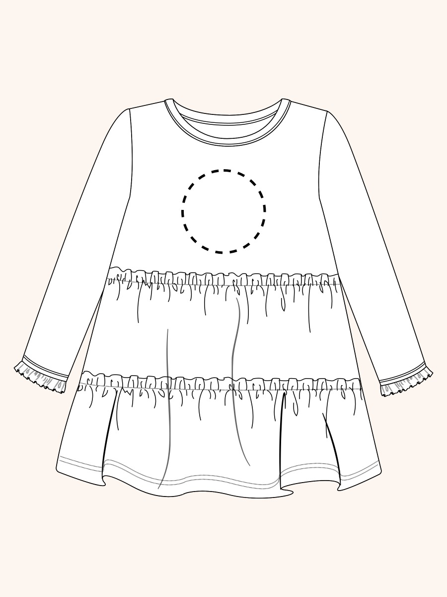Line drawing of Green Knit Ruffle Tiered Tunic. A dotted circle indicates the approximate location for personalization.