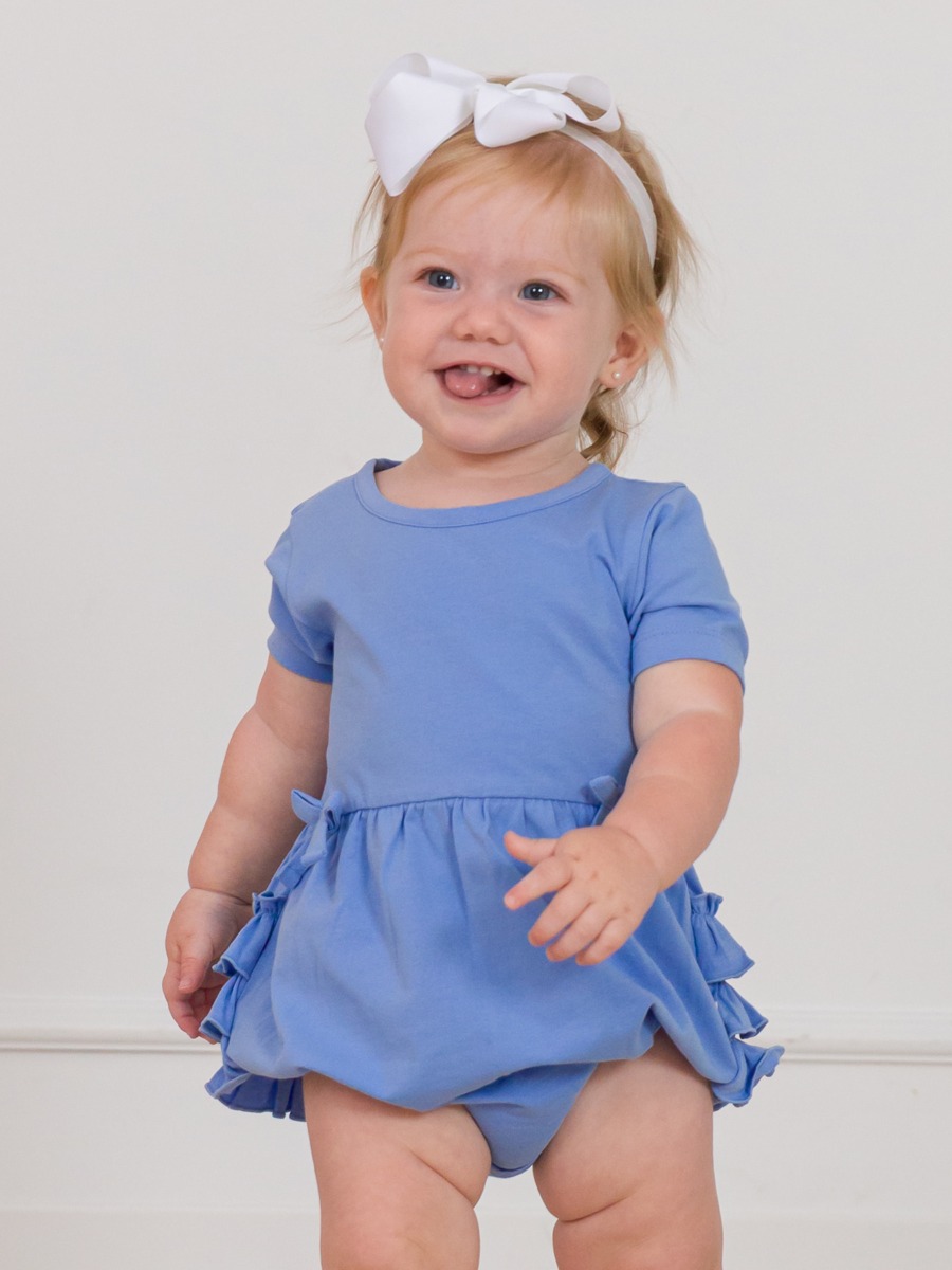 Periwinkle Blue Knit Short Sleeve Bow Bubble Romper