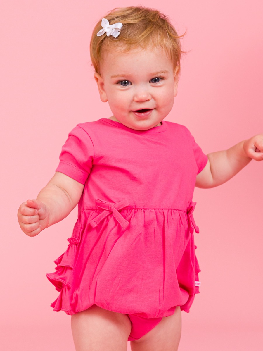 Hot Pink Knit Short Sleeve Bow Bubble Romper